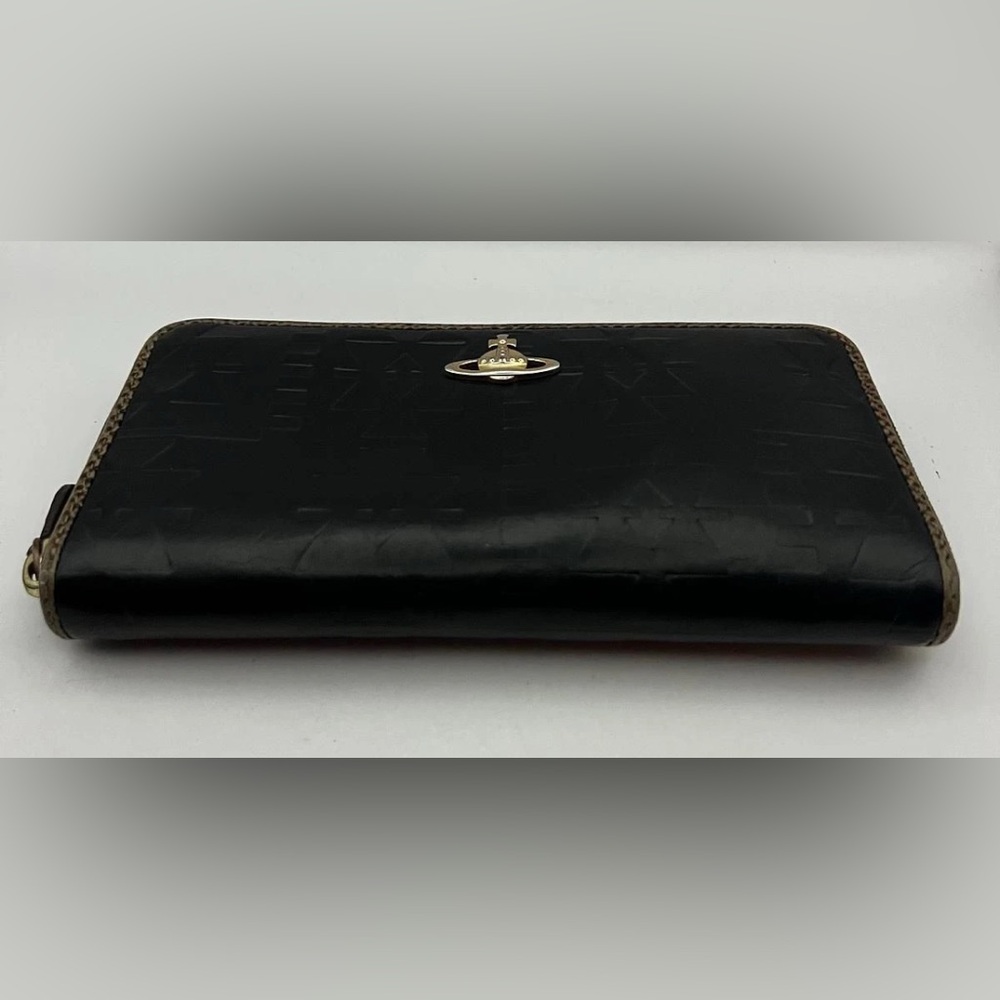Vivienne Westwood Embossed Black Long Wallet Zip Around Gold Orb w/ Brown rimmed - Picture 5 of 15